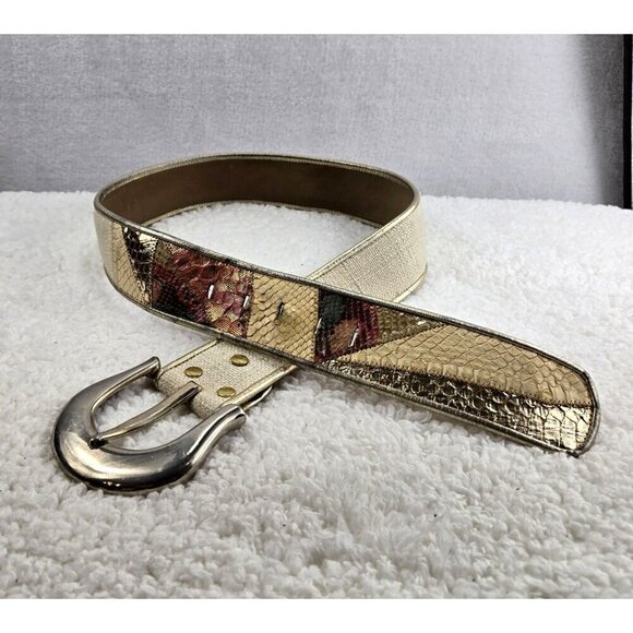 VTG 80s Leather Dress Belt by Dusty Baker Snakeskin Patchwork Lrg Silver Buckel - Picture 3 of 11
